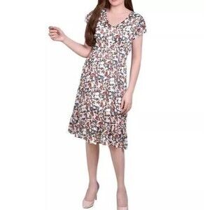 NY Collection Womens Empire Dress Multicolor Floral Metallic V Neck Flutter Med